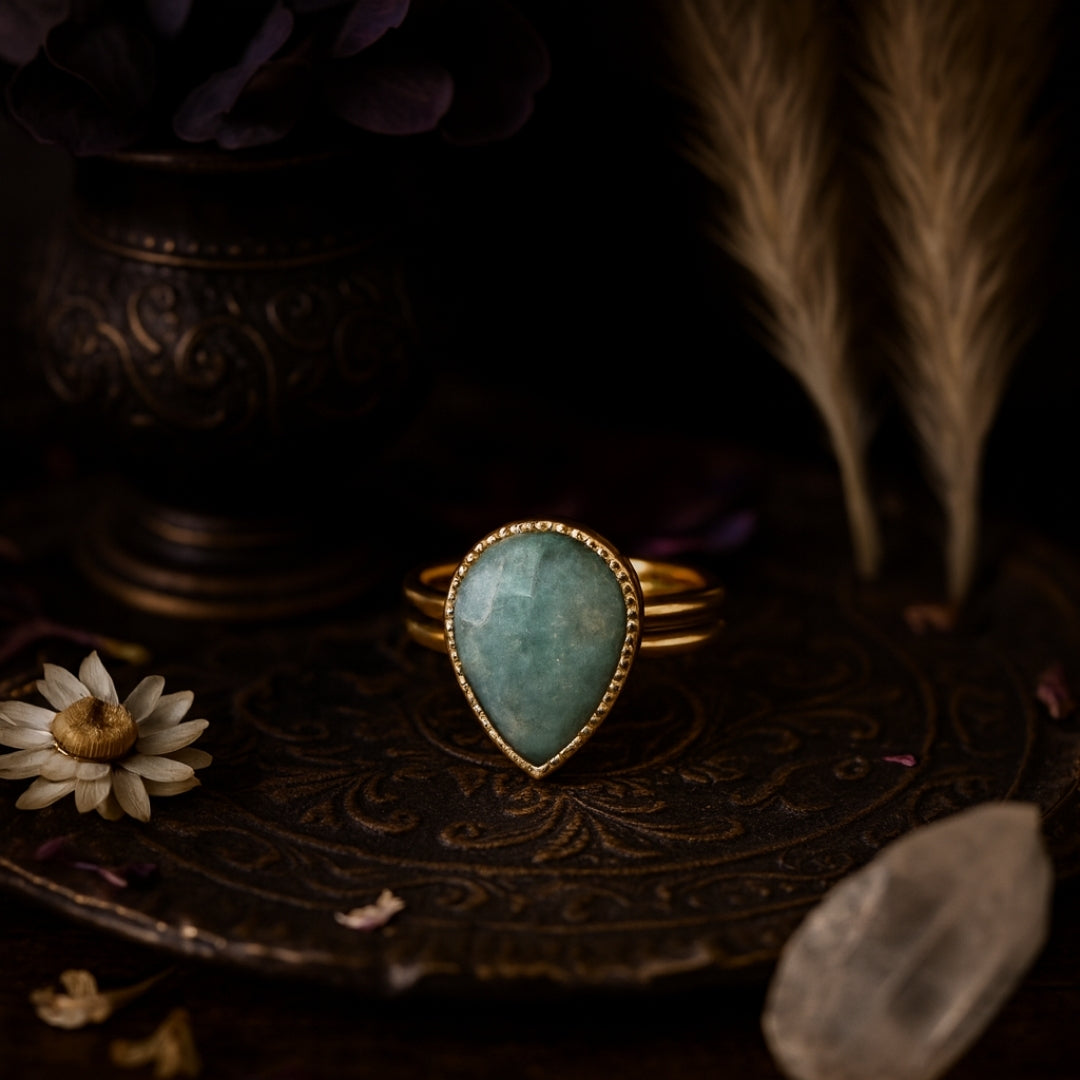 Amazonite Teardrop Adjustable Ring | Natural Green Gemstone 18K Gold Plated Ring | Healing Crystal Boho Jewelry Gift for Her
