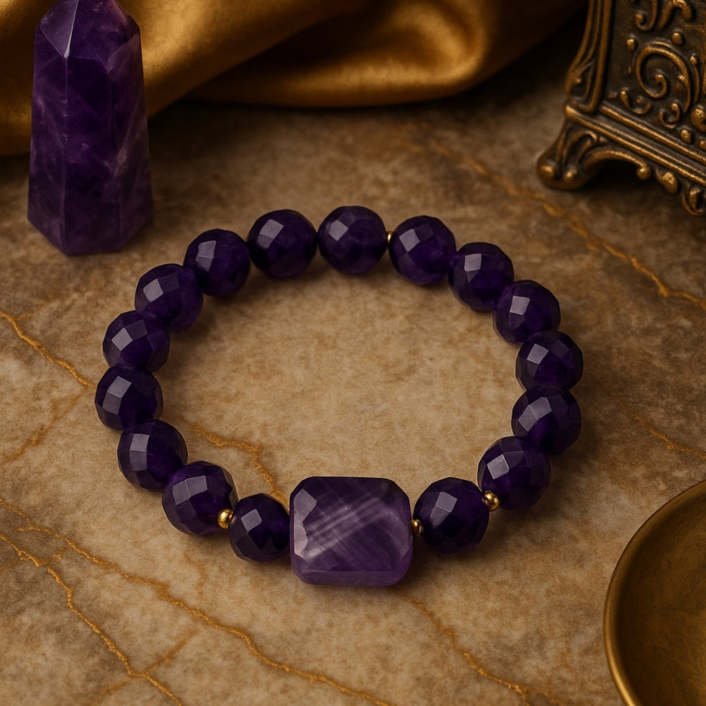 Amethyst Aurum Core Bracelet 10mm Faceted Natural Amethyst Gold Plated Jewelry