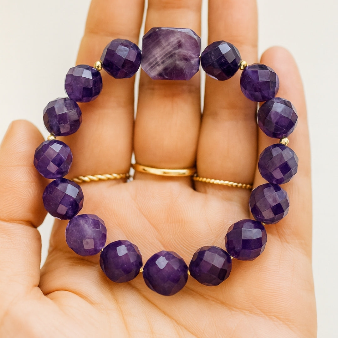 Amethyst Aurum Core Bracelet 10mm Faceted Natural Amethyst Gold Plated Jewelry