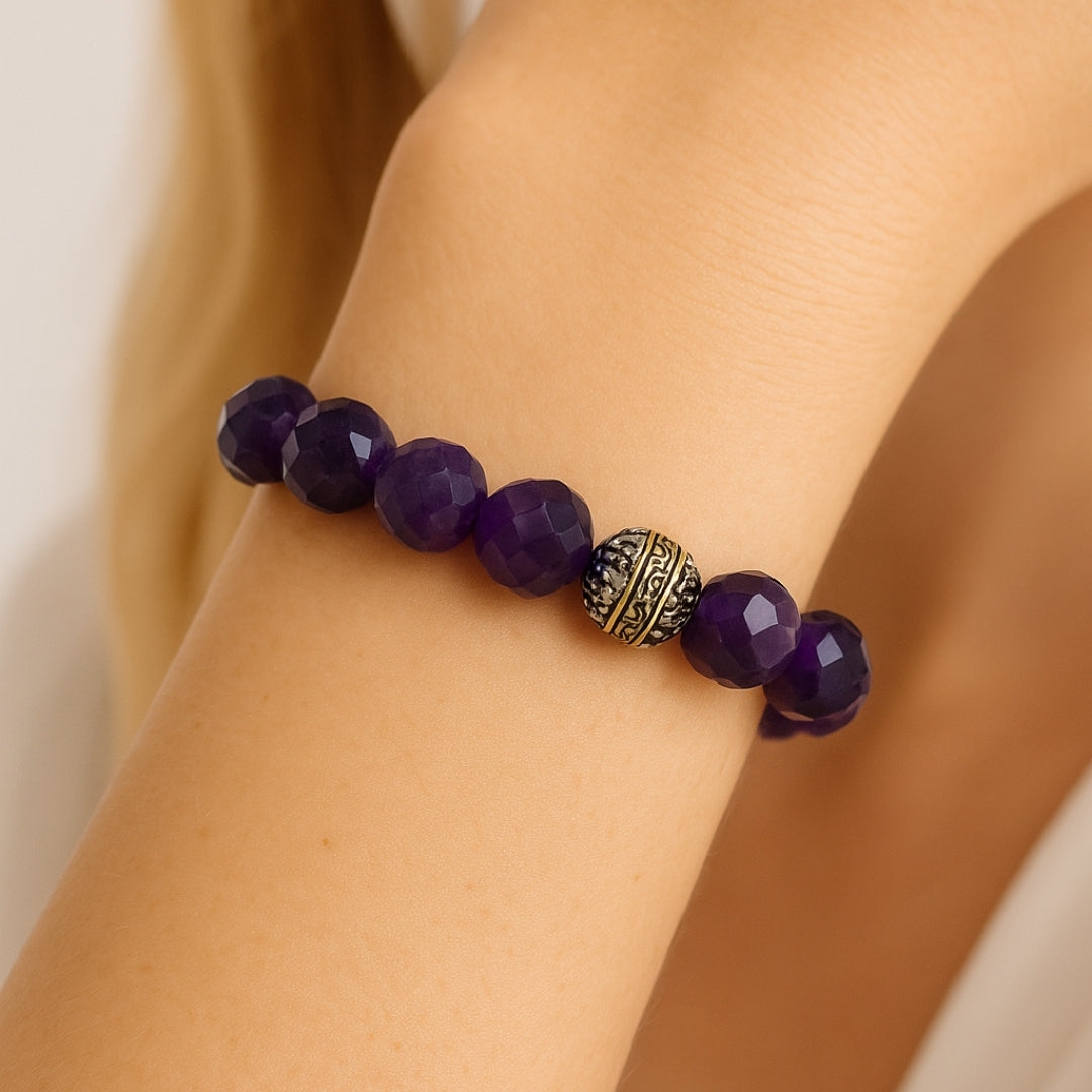 Amethyst Bracelet 10mm Faceted Natural Gemstone Spiritual Talisman Mystic Jewelry Tibetan Bead Energy Bracelet Handmade Gift for Her Alchemy