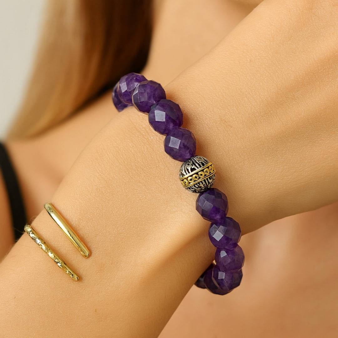 Amethyst Bracelet 10mm Faceted Natural Gemstone Spiritual Talisman Mystic Jewelry Tibetan Bead Energy Bracelet Handmade Gift for Her Alchemy