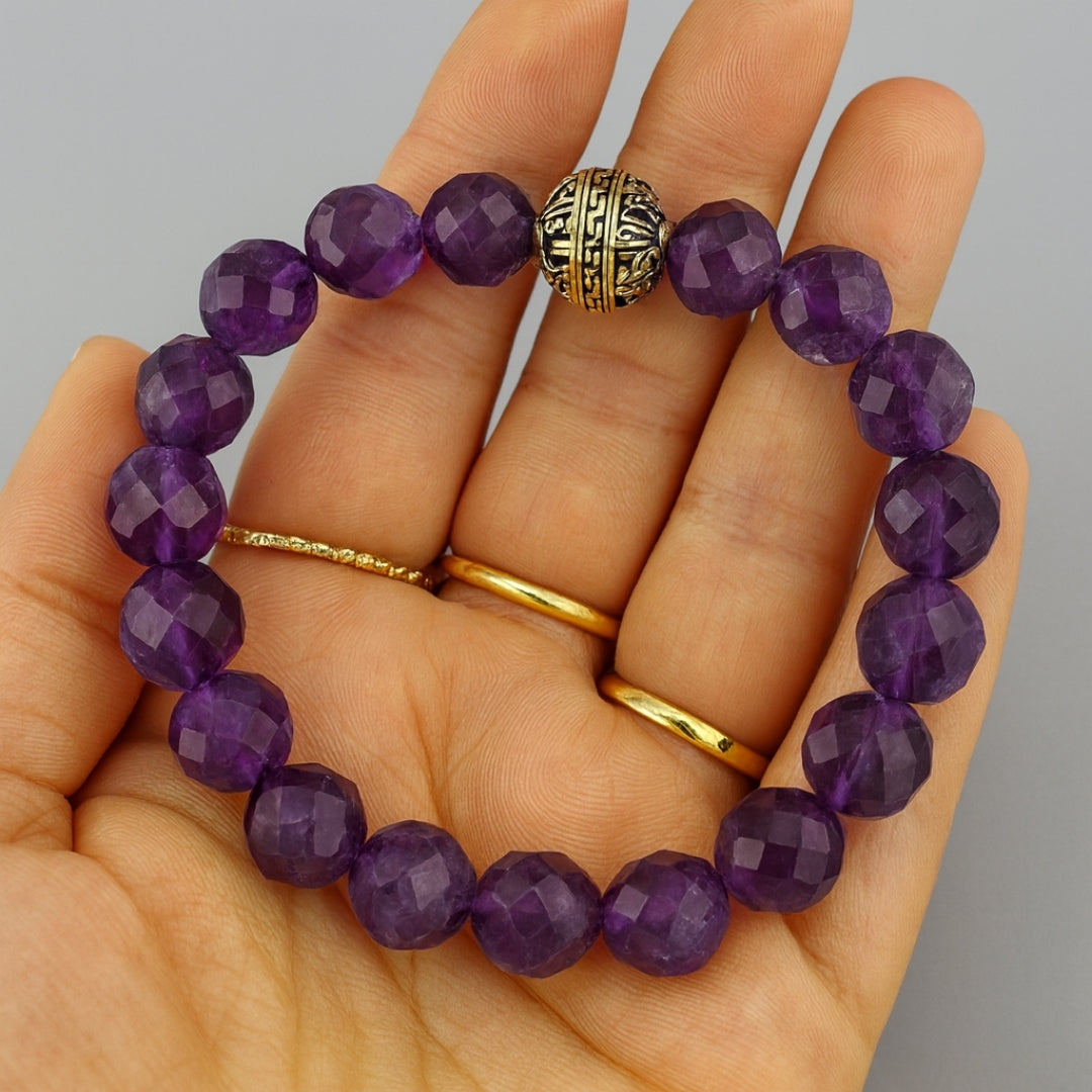 Amethyst Bracelet 10mm Faceted Natural Gemstone Spiritual Talisman Mystic Jewelry Tibetan Bead Energy Bracelet Handmade Gift for Her Alchemy