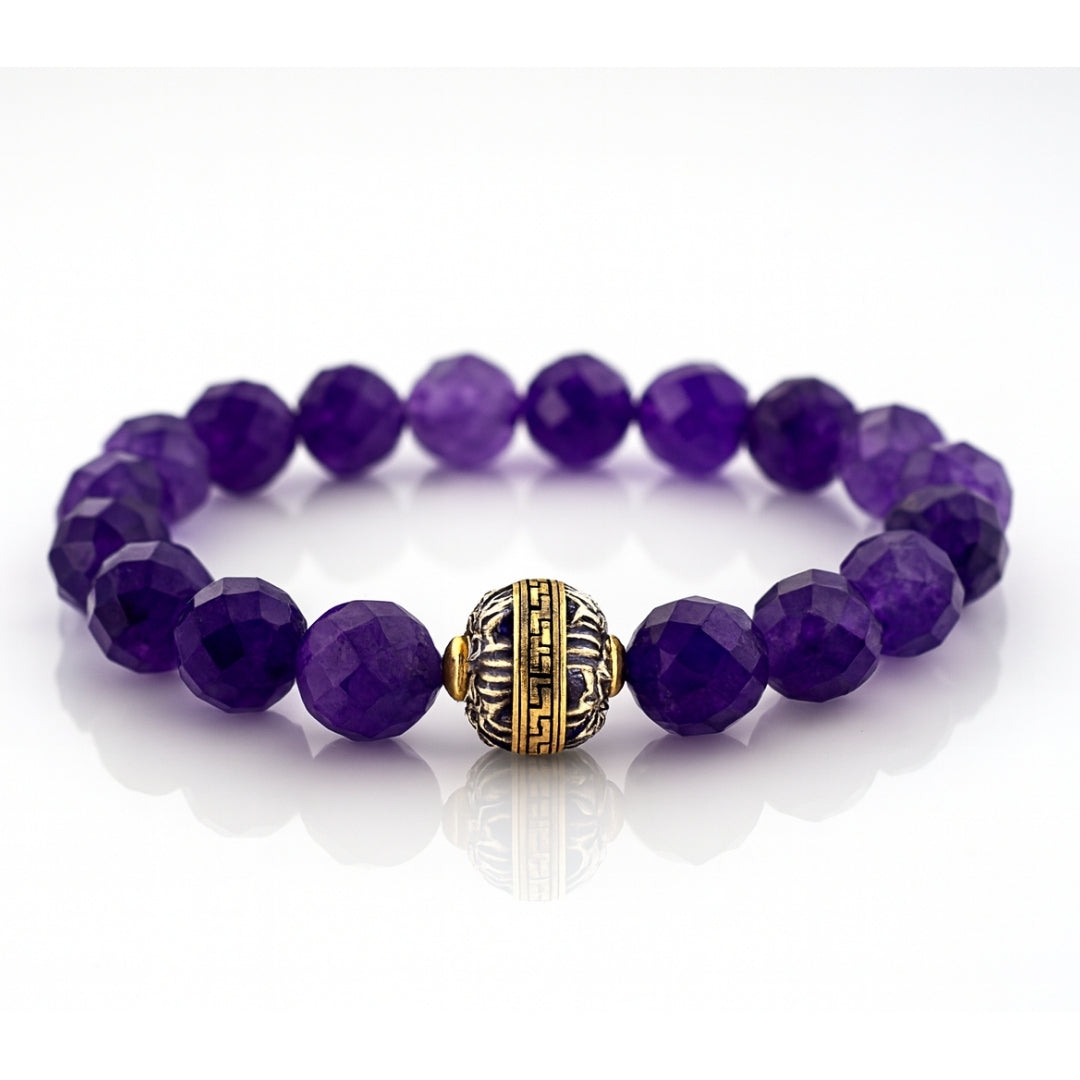 Amethyst Bracelet 10mm Faceted Natural Gemstone Spiritual Talisman Mystic Jewelry Tibetan Bead Energy Bracelet Handmade Gift for Her Alchemy