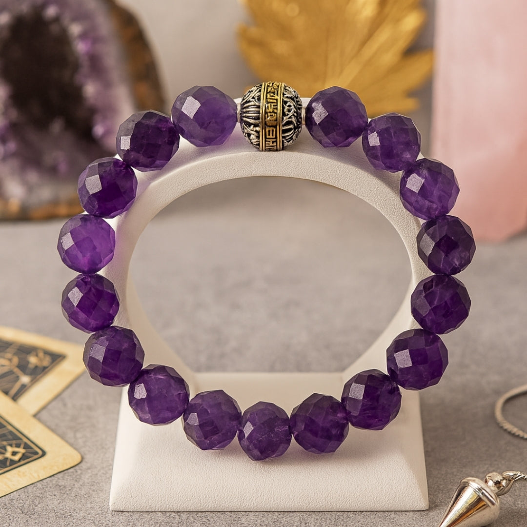 Amethyst Bracelet 10mm Faceted Natural Gemstone Spiritual Talisman Mystic Jewelry Tibetan Bead Energy Bracelet Handmade Gift for Her Alchemy