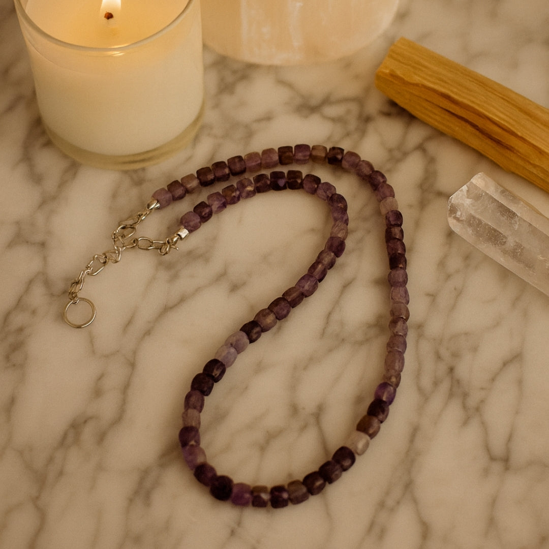 Amethyst Earth Frequency Necklace 5mm Faceted Cube Natural Gemstone