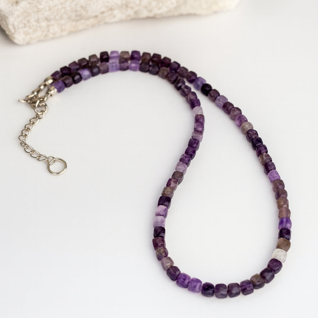 Amethyst Earth Frequency Necklace 5mm Faceted Cube Natural Gemstone