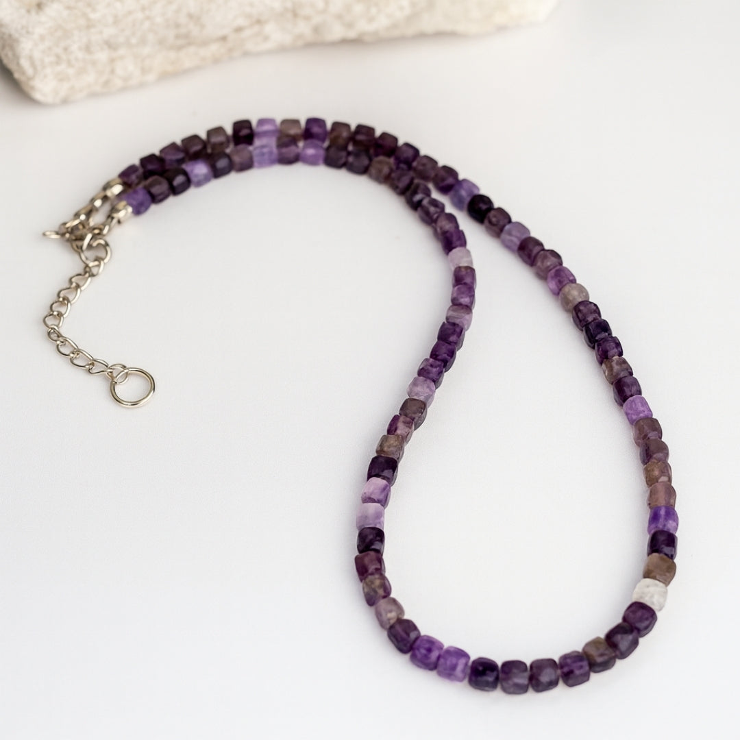 Amethyst Earth Frequency Necklace 5mm Faceted Cube Natural Gemstone