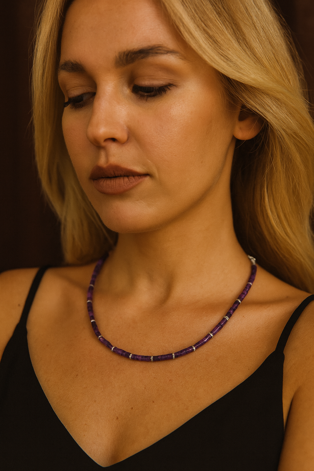 Amethyst Cylinder Necklace 4x2mm