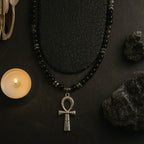 Obsidian Seal of Ankh |Silver Obsidian Hematite Necklace 6 mm
