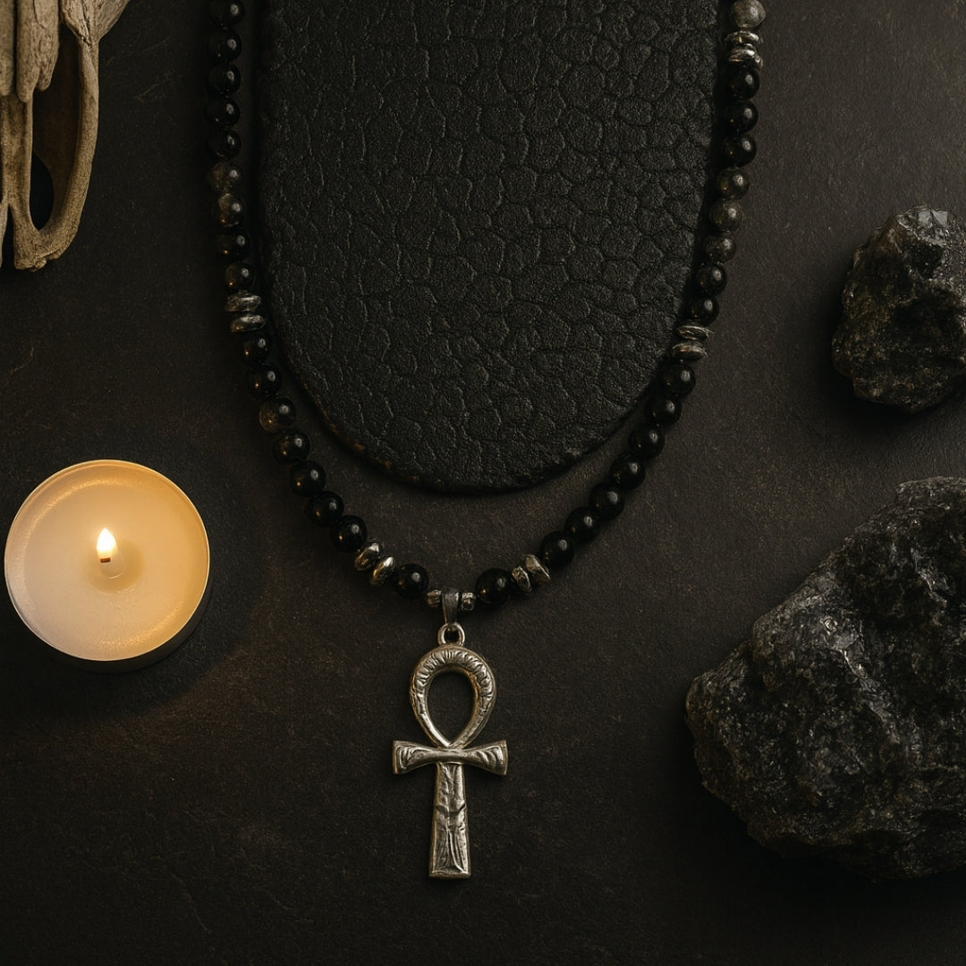 Obsidian Seal of Ankh |Silver Obsidian Hematite Necklace 6 mm