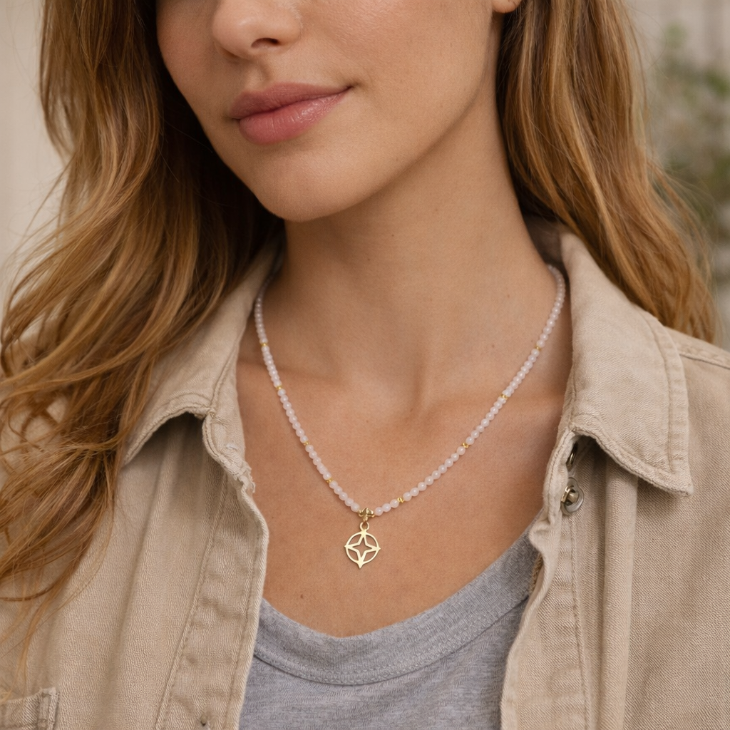 Moonstone & Golden Compass Star Pendant Necklace