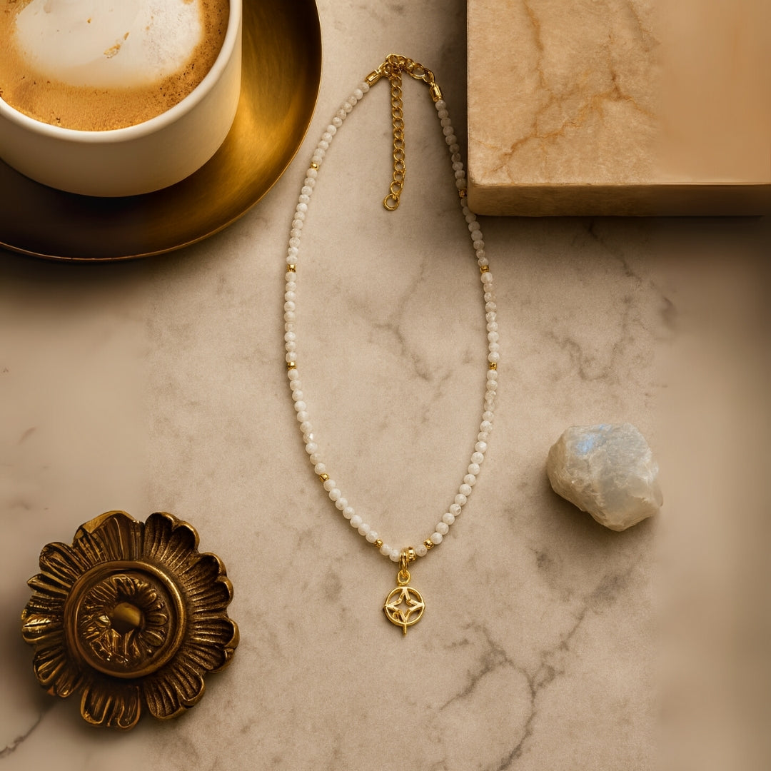 Moonstone & Golden Compass Star Pendant Necklace