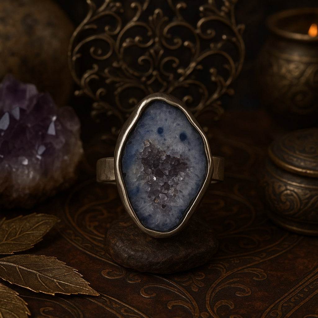 Blue Druzy Core Ring | Artisan Silver Finish Adjustable Crystal Ring |
