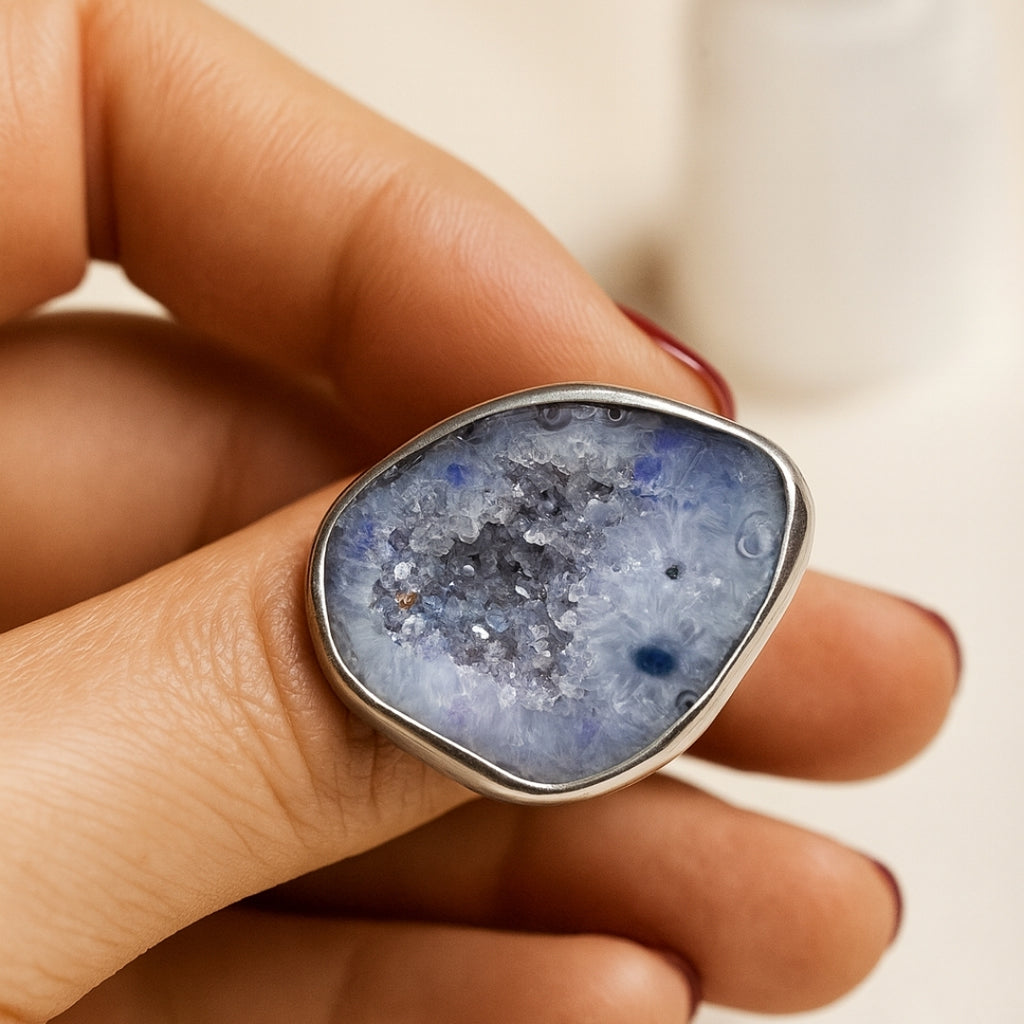 Blue Druzy Core Ring | Artisan Silver Finish Adjustable Crystal Ring |