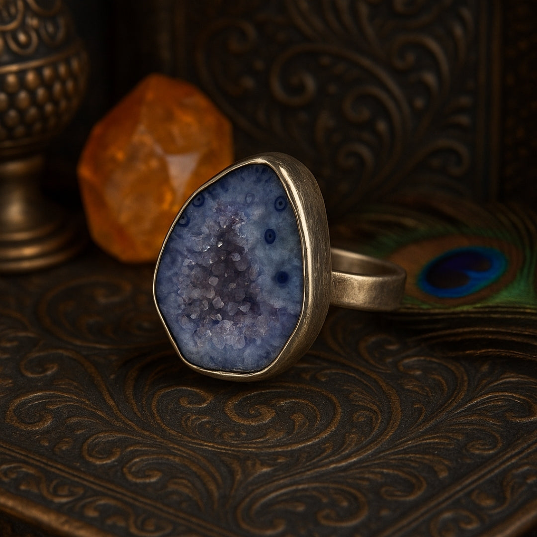 Blue Druzy Core Ring | Artisan Silver Finish Adjustable Crystal Ring |