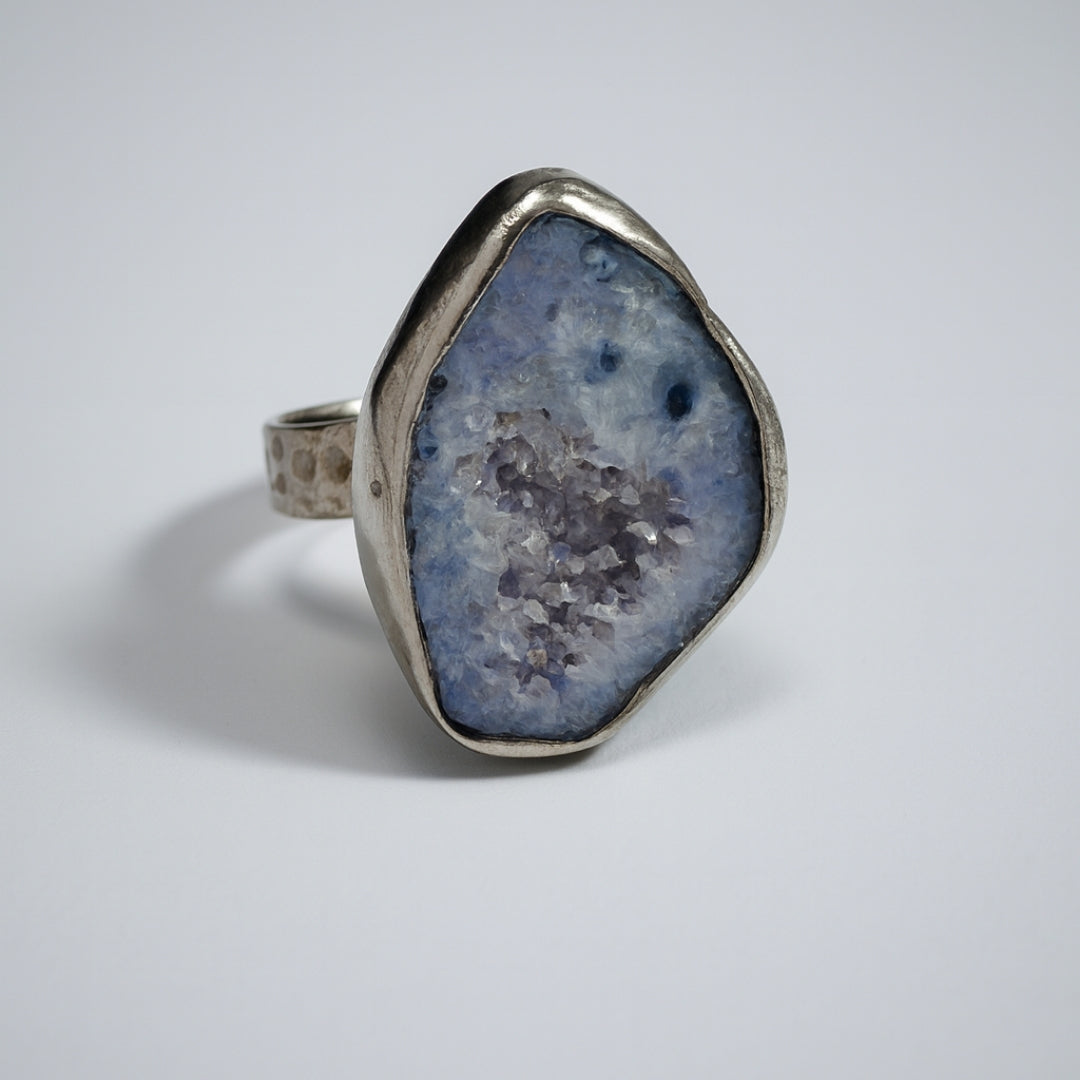 Blue Druzy Core Ring | Artisan Silver Finish Adjustable Crystal Ring |
