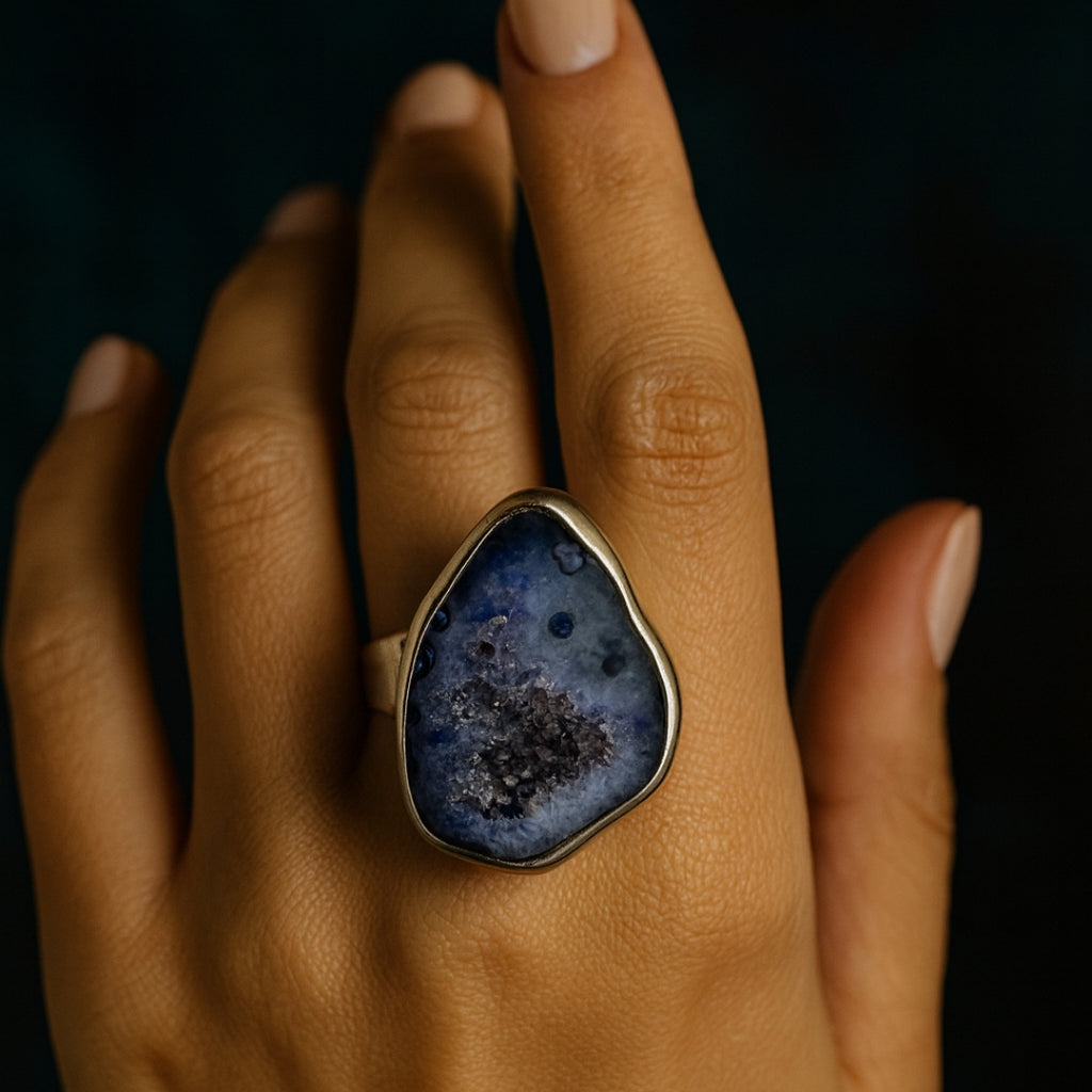 Blue Druzy Core Ring | Artisan Silver Finish Adjustable Crystal Ring |