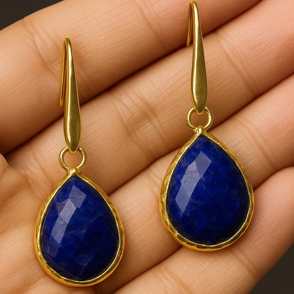 18k Gold Plated Blue Sapphire Drop Earrings | Natural Sapphire Gemstone | Dangle Earrings | Elegant Teardrop Jewelry | Healing Crystal Gift