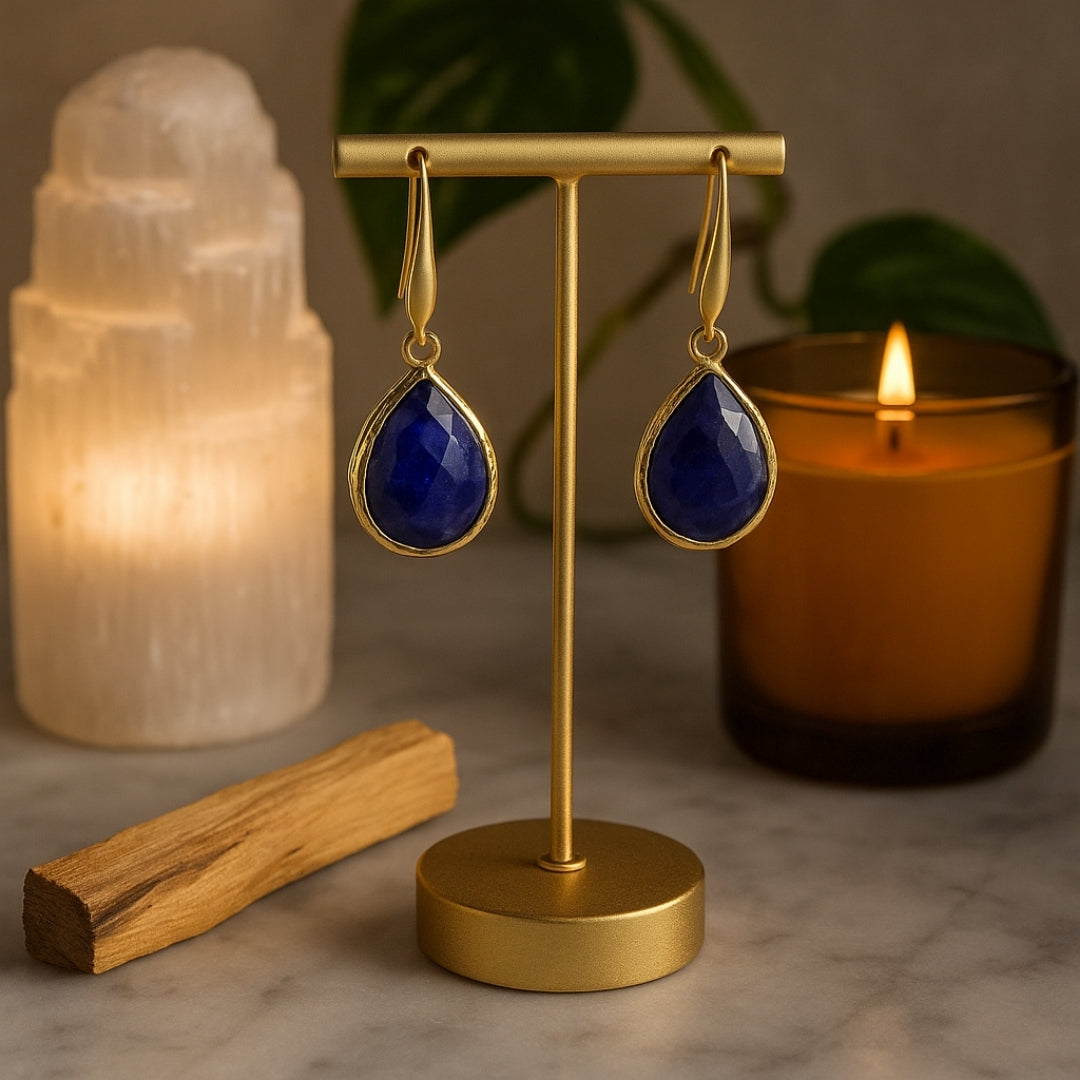 18k Gold Plated Blue Sapphire Drop Earrings | Natural Sapphire Gemstone | Dangle Earrings | Elegant Teardrop Jewelry | Healing Crystal Gift