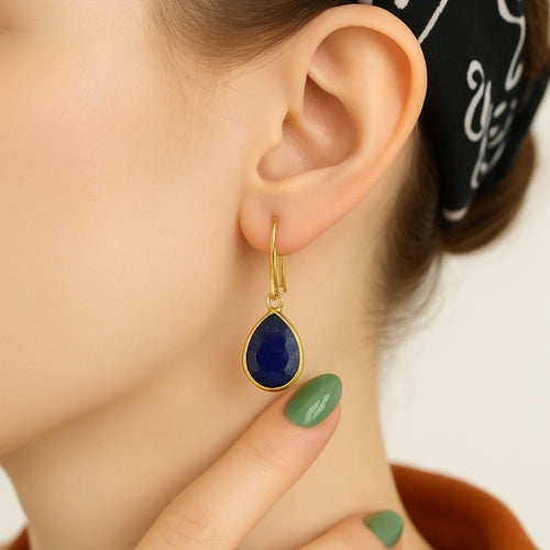 18k Gold Plated Blue Sapphire Drop Earrings | Natural Sapphire Gemstone | Dangle Earrings | Elegant Teardrop Jewelry | Healing Crystal Gift