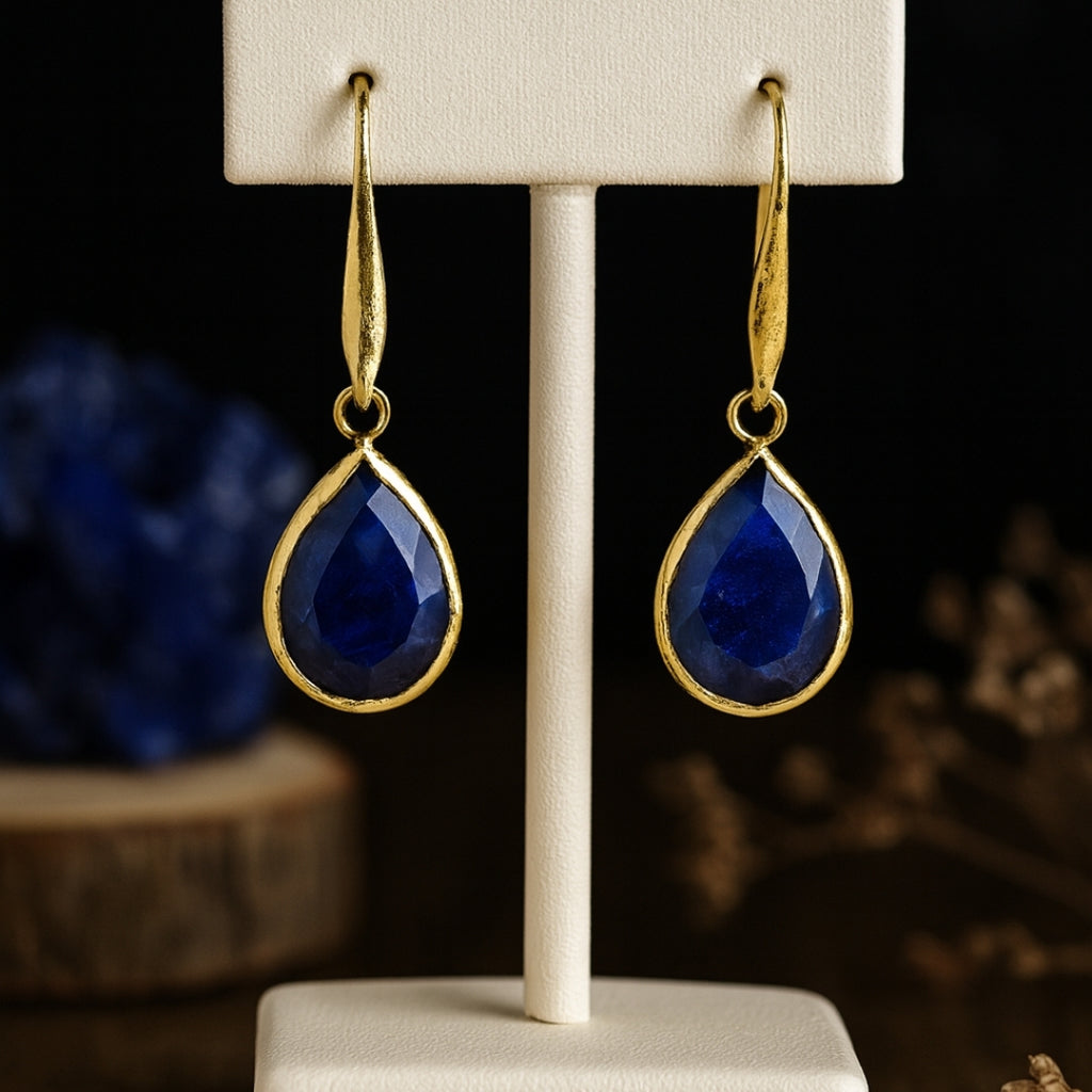 18k Gold Plated Blue Sapphire Drop Earrings | Natural Sapphire Gemstone | Dangle Earrings | Elegant Teardrop Jewelry | Healing Crystal Gift