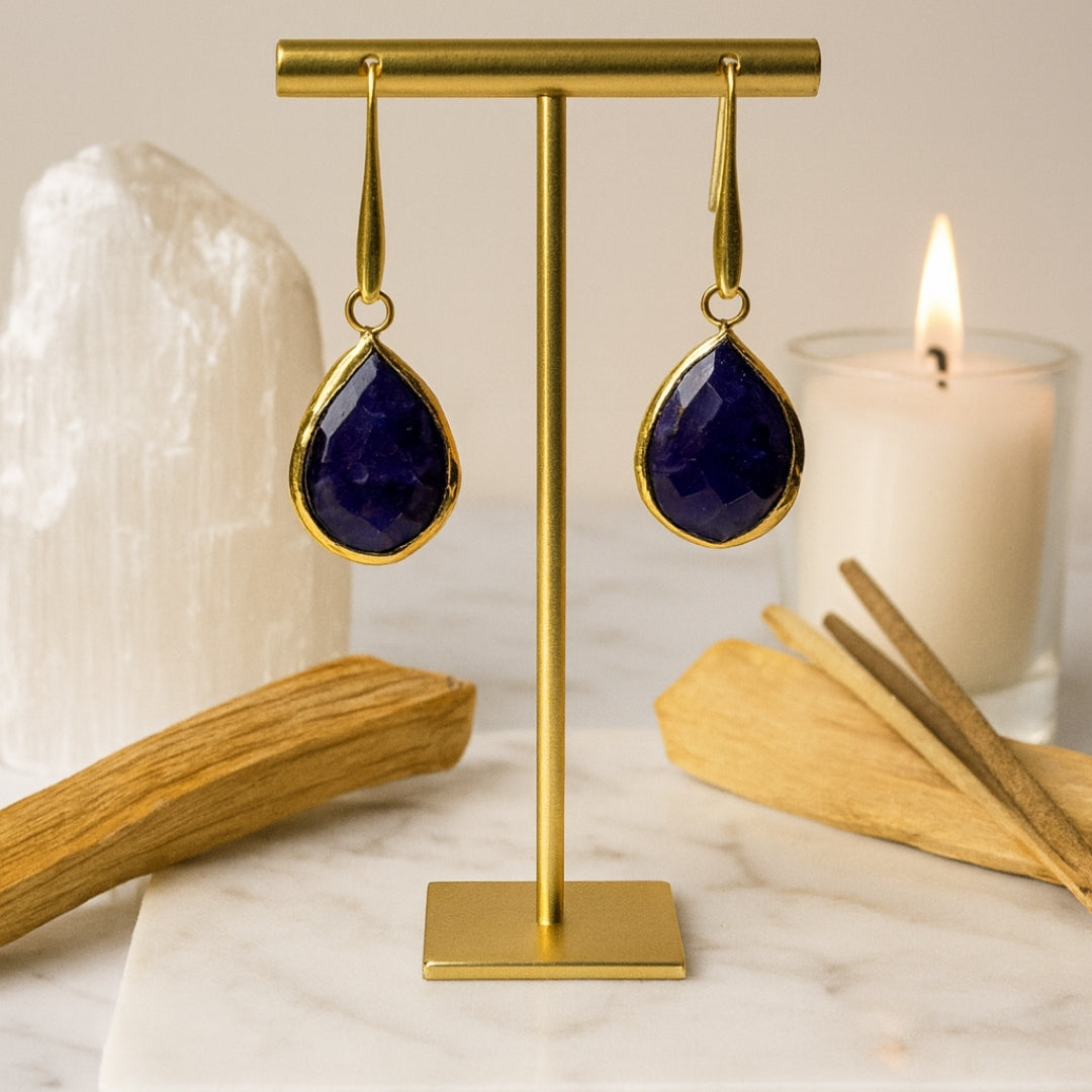 18k Gold Plated Blue Sapphire Drop Earrings | Natural Sapphire Gemstone | Dangle Earrings | Elegant Teardrop Jewelry | Healing Crystal Gift