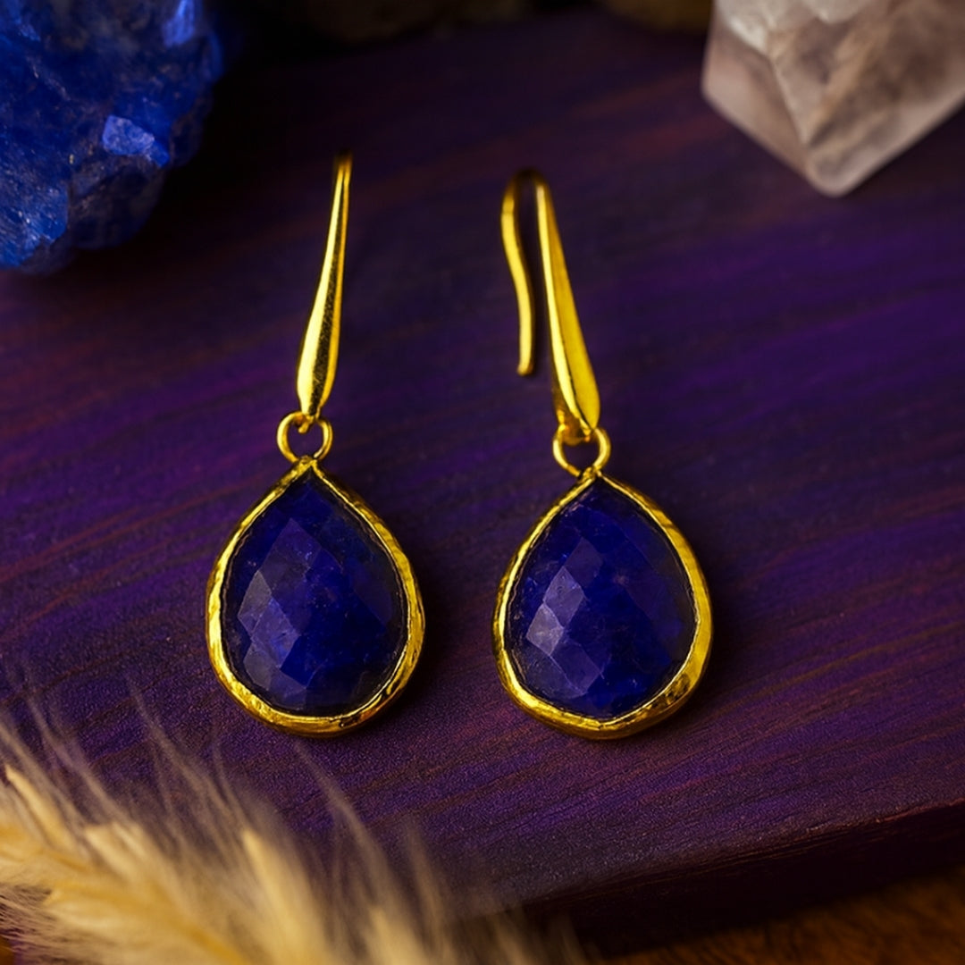 18k Gold Plated Blue Sapphire Drop Earrings | Natural Sapphire Gemstone | Dangle Earrings | Elegant Teardrop Jewelry | Healing Crystal Gift