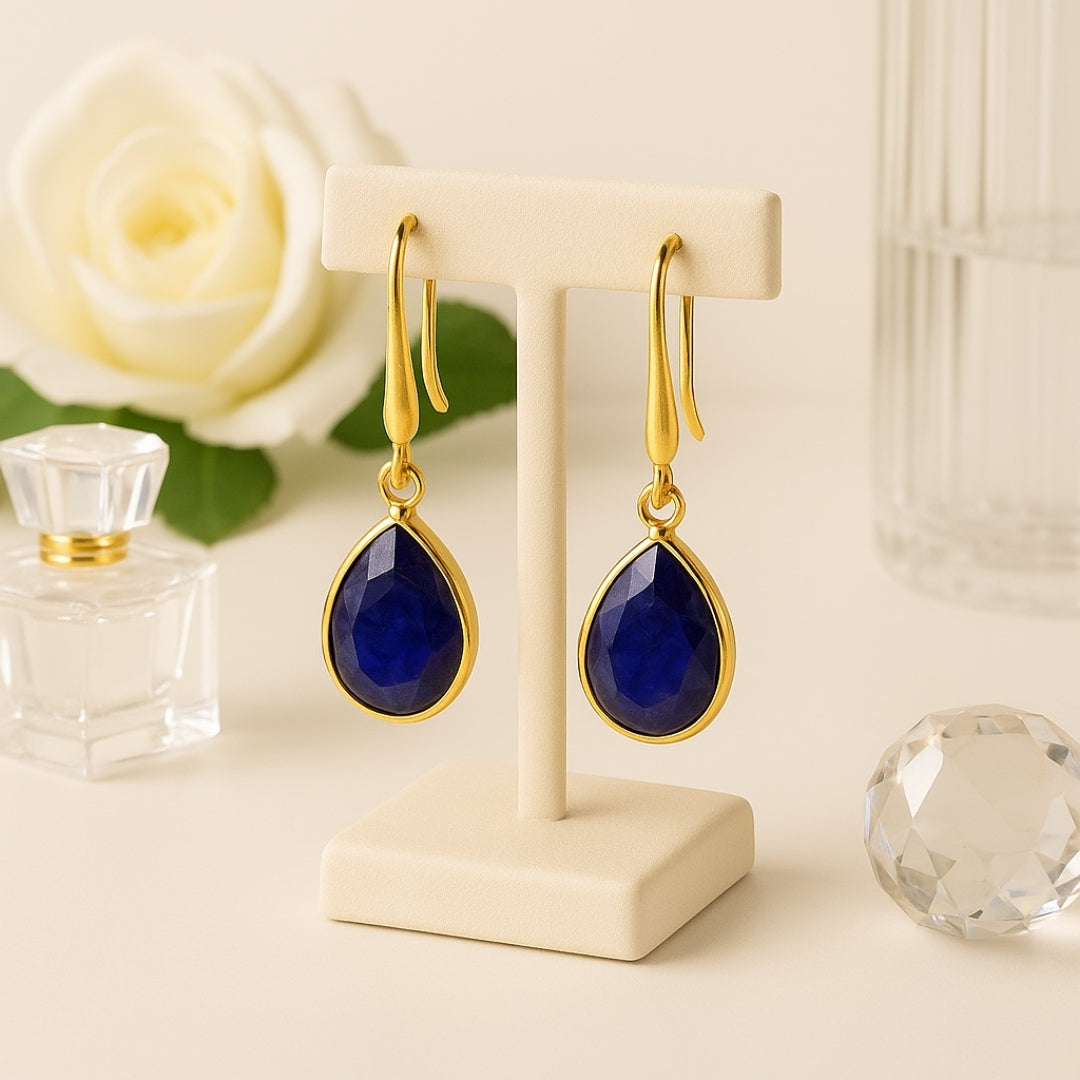 18k Gold Plated Blue Sapphire Drop Earrings | Natural Sapphire Gemstone | Dangle Earrings | Elegant Teardrop Jewelry | Healing Crystal Gift