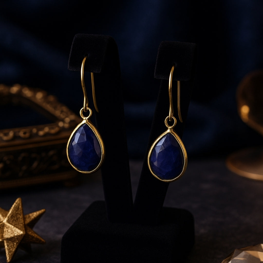 18k Gold Plated Blue Sapphire Drop Earrings | Natural Sapphire Gemstone | Dangle Earrings | Elegant Teardrop Jewelry | Healing Crystal Gift