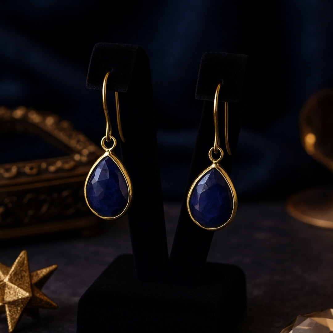 18k Gold Plated Blue Sapphire Drop Earrings | Natural Sapphire Gemstone | Dangle Earrings | Elegant Teardrop Jewelry | Healing Crystal Gift