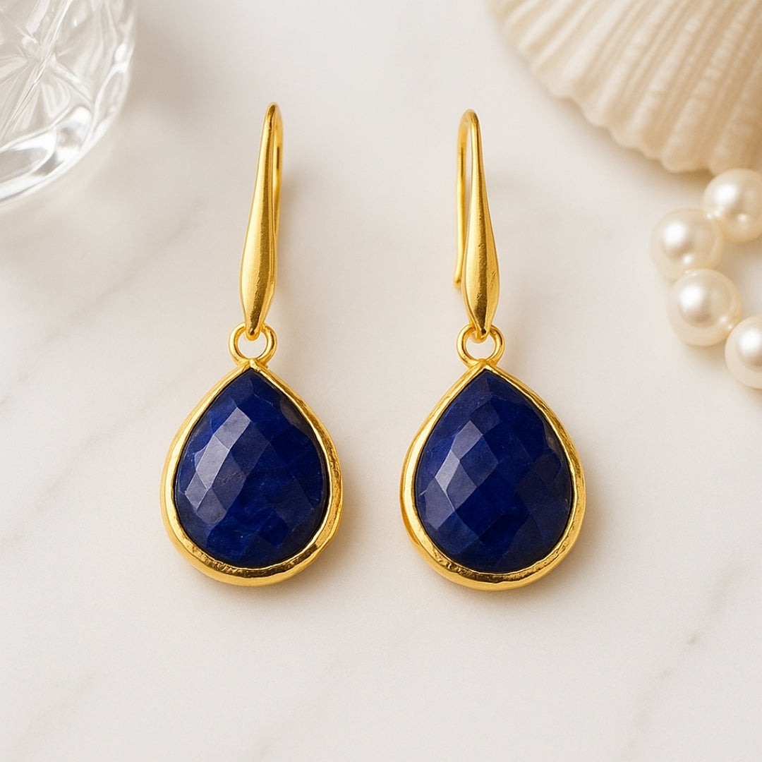 18k Gold Plated Blue Sapphire Drop Earrings | Natural Sapphire Gemstone | Dangle Earrings | Elegant Teardrop Jewelry | Healing Crystal Gift