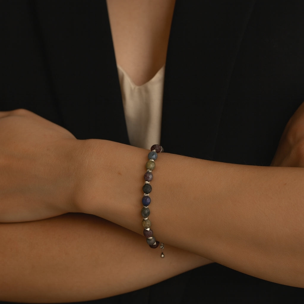 Ruby Sapphire Handmade Bracelet 6mm Faceted with Hematite & Clover Charm
