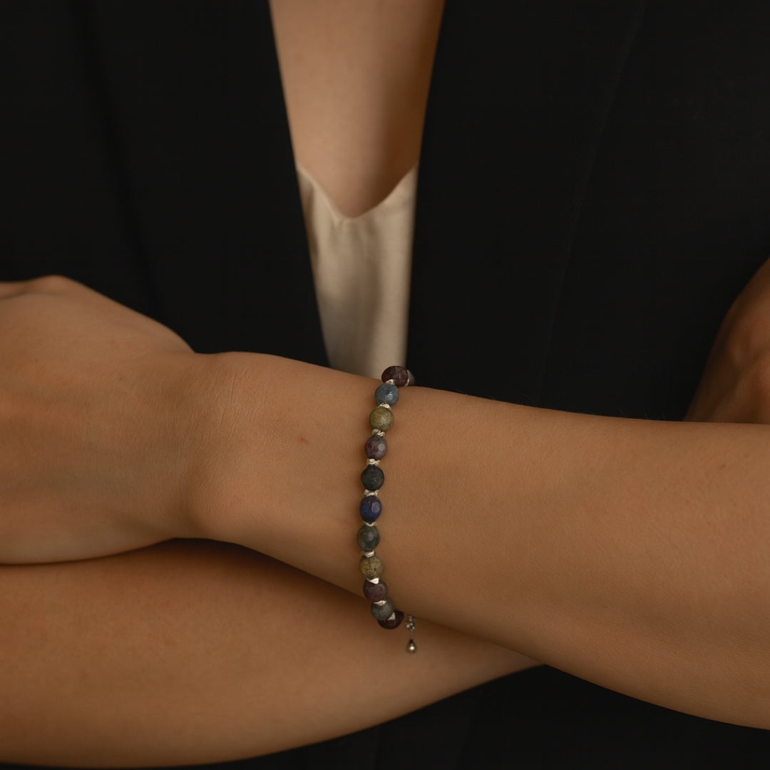 Ruby Sapphire Handmade Bracelet 6mm Faceted with Hematite & Clover Charm