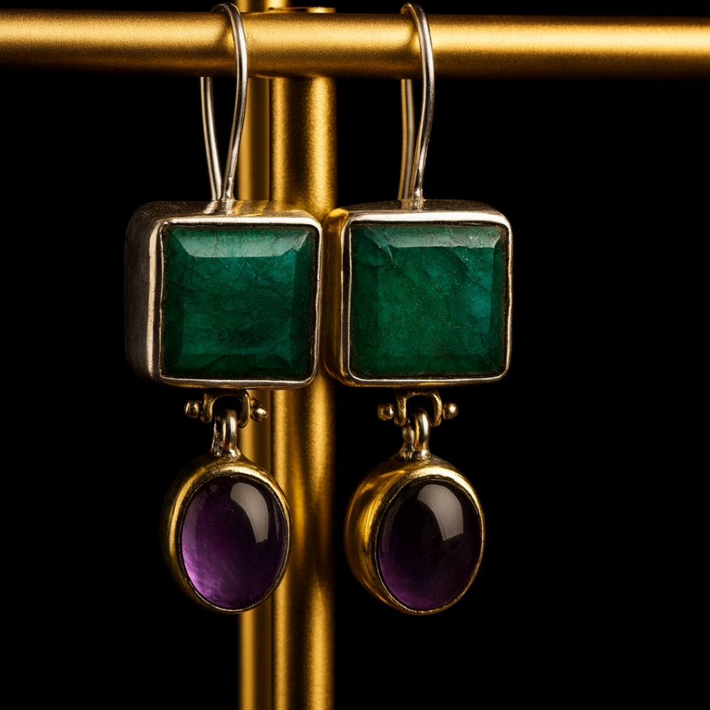 Emerald Amethyst Earrings 925 Sterling Silver Gemstone Earrings Handmade Luxury Jewelry