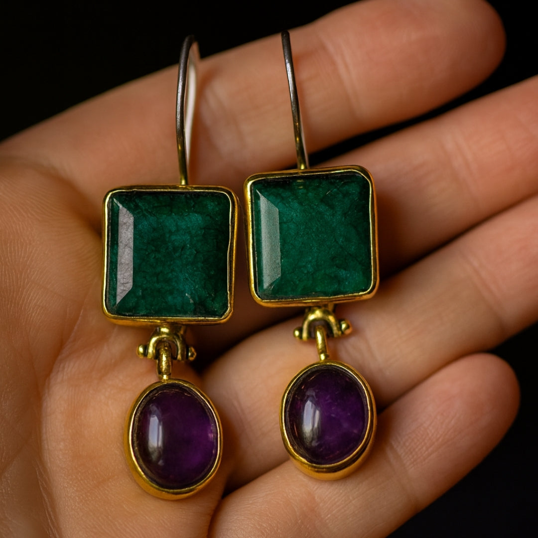 Emerald Amethyst Earrings 925 Sterling Silver Gemstone Earrings Handmade Luxury Jewelry