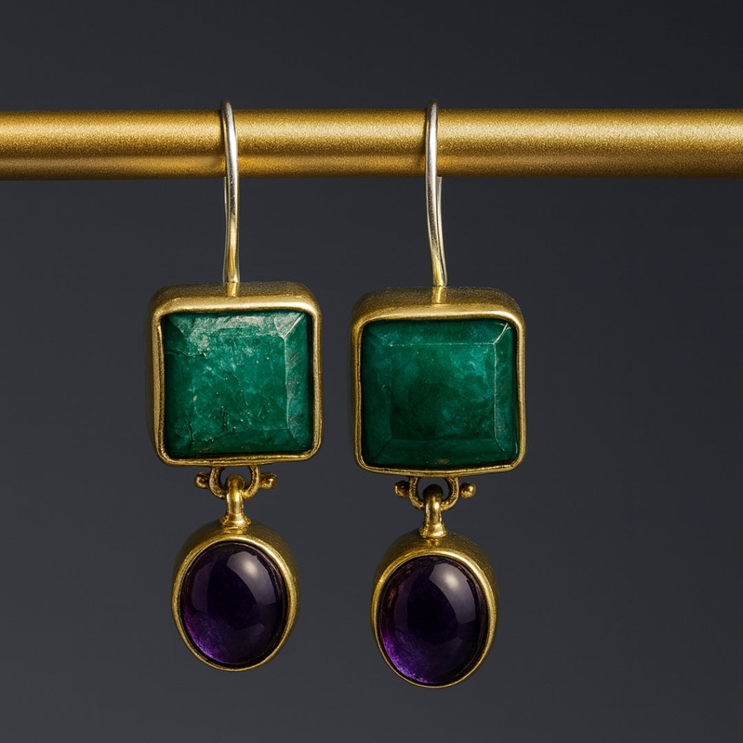 Emerald Amethyst Earrings 925 Sterling Silver Gemstone Earrings Handmade Luxury Jewelry