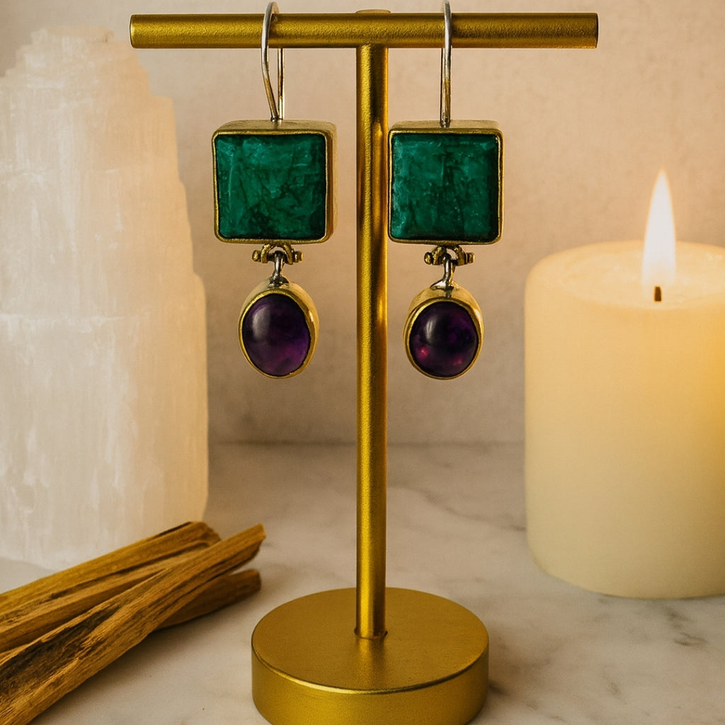 Emerald Amethyst Earrings 925 Sterling Silver Gemstone Earrings Handmade Luxury Jewelry