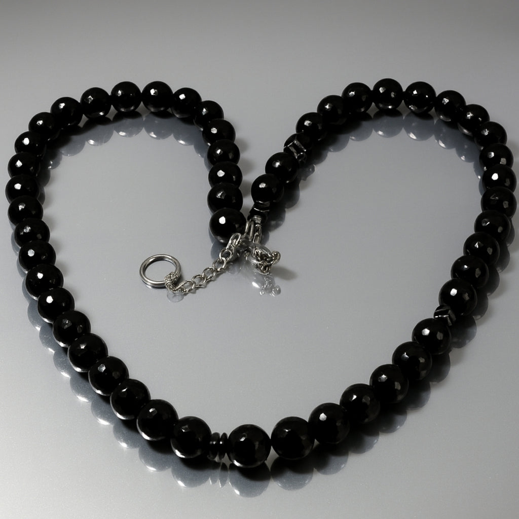 Tourmaline Shield Necklace 8mm Faceted AAA Black Tourmaline Hematite 925 Silver