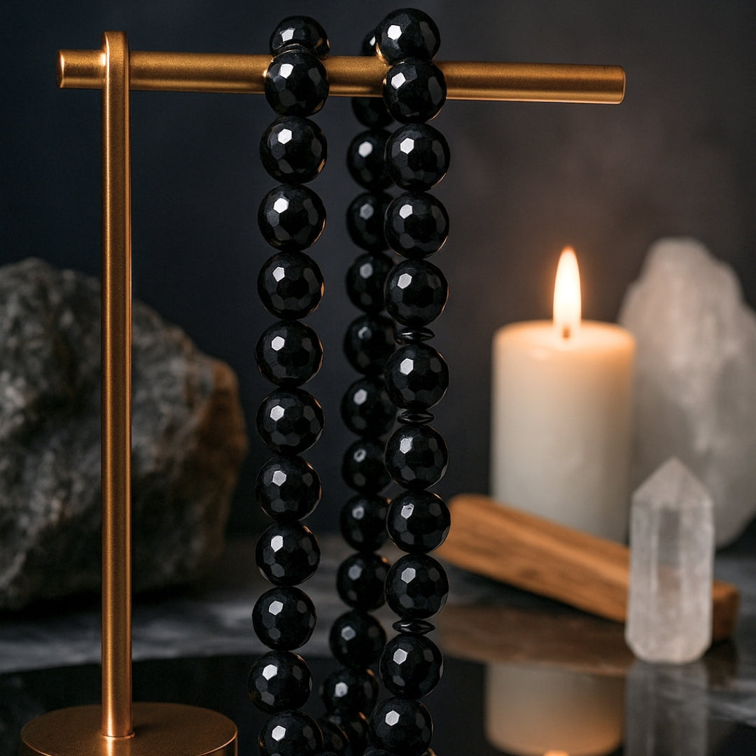 Tourmaline Shield Necklace 8mm Faceted AAA Black Tourmaline Hematite 925 Silver