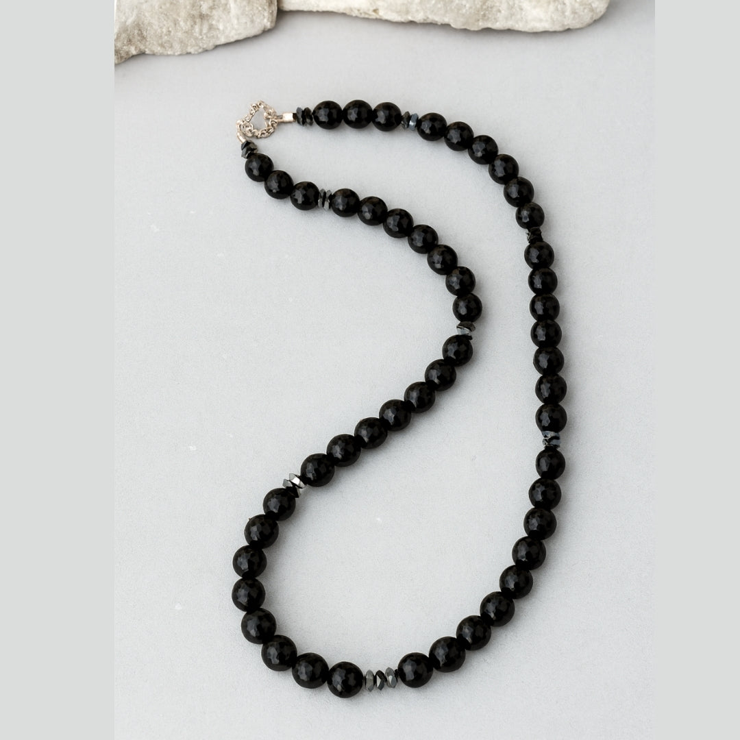 Tourmaline Shield Necklace 8mm Faceted AAA Black Tourmaline Hematite 925 Silver