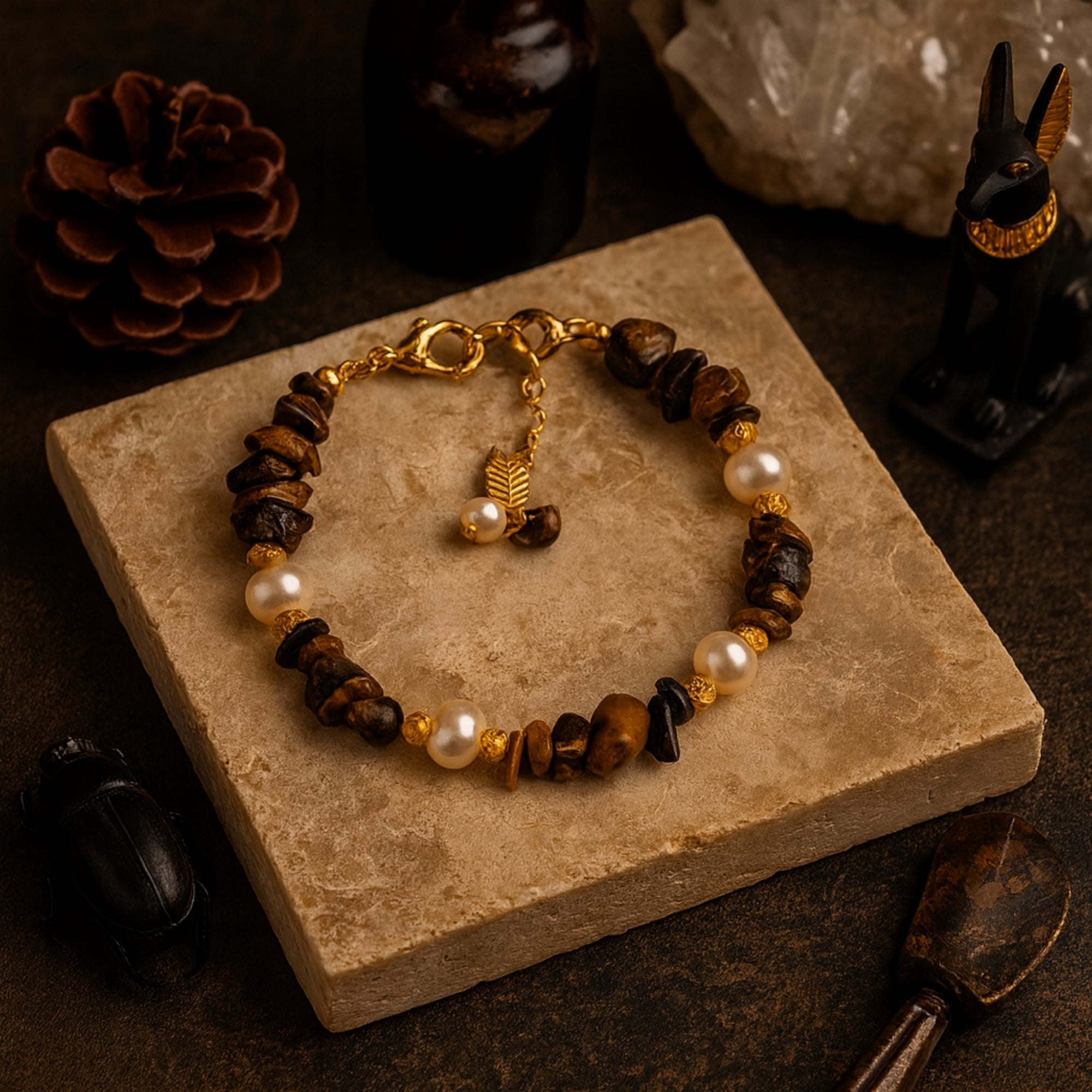 Golden Aura Tiger Eye & Pearl Bracelet|Sun Moon Harmony Talisman