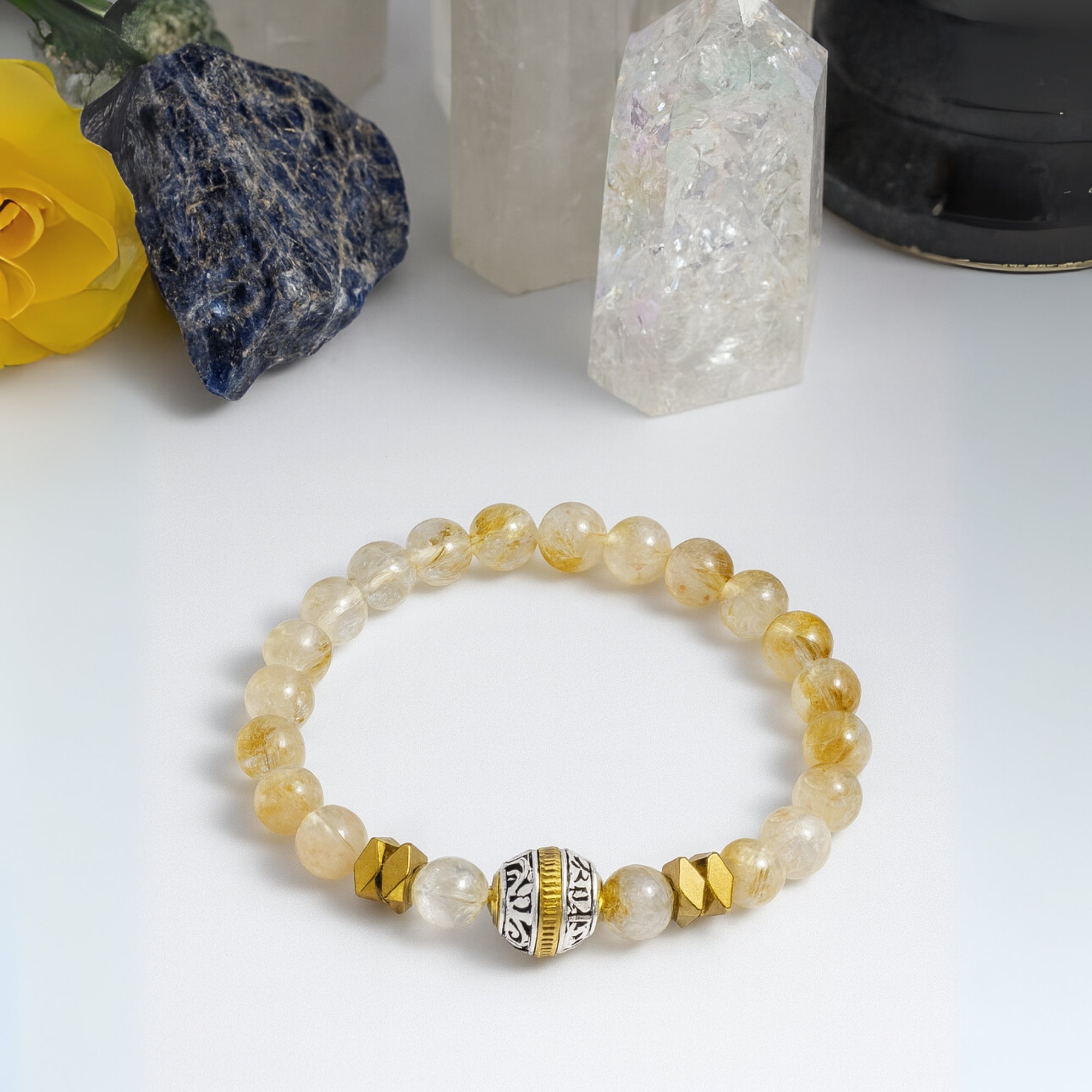 Citrine Hematite Healing Bracelet 8mm|Gemstone Beads with Tibetan Knot Talisman