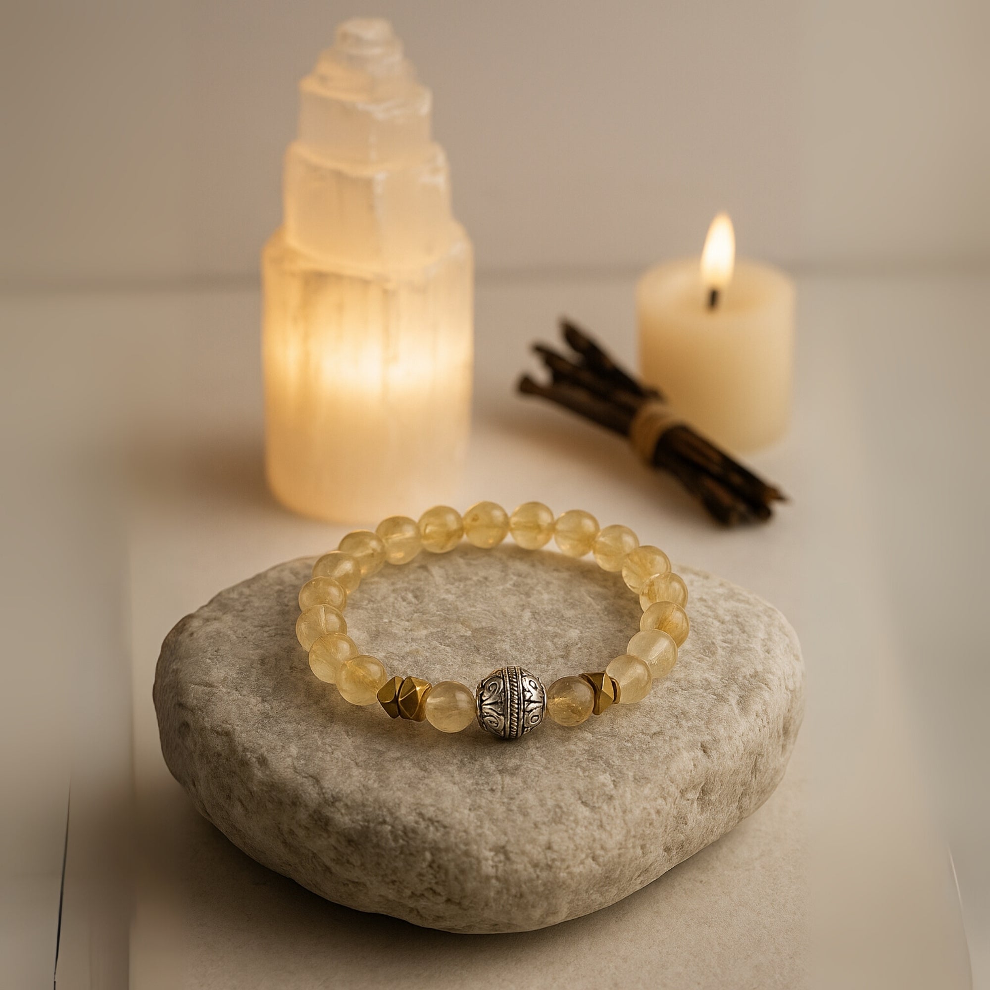 Citrine Hematite Healing Bracelet 8mm|Gemstone Beads with Tibetan Knot Talisman