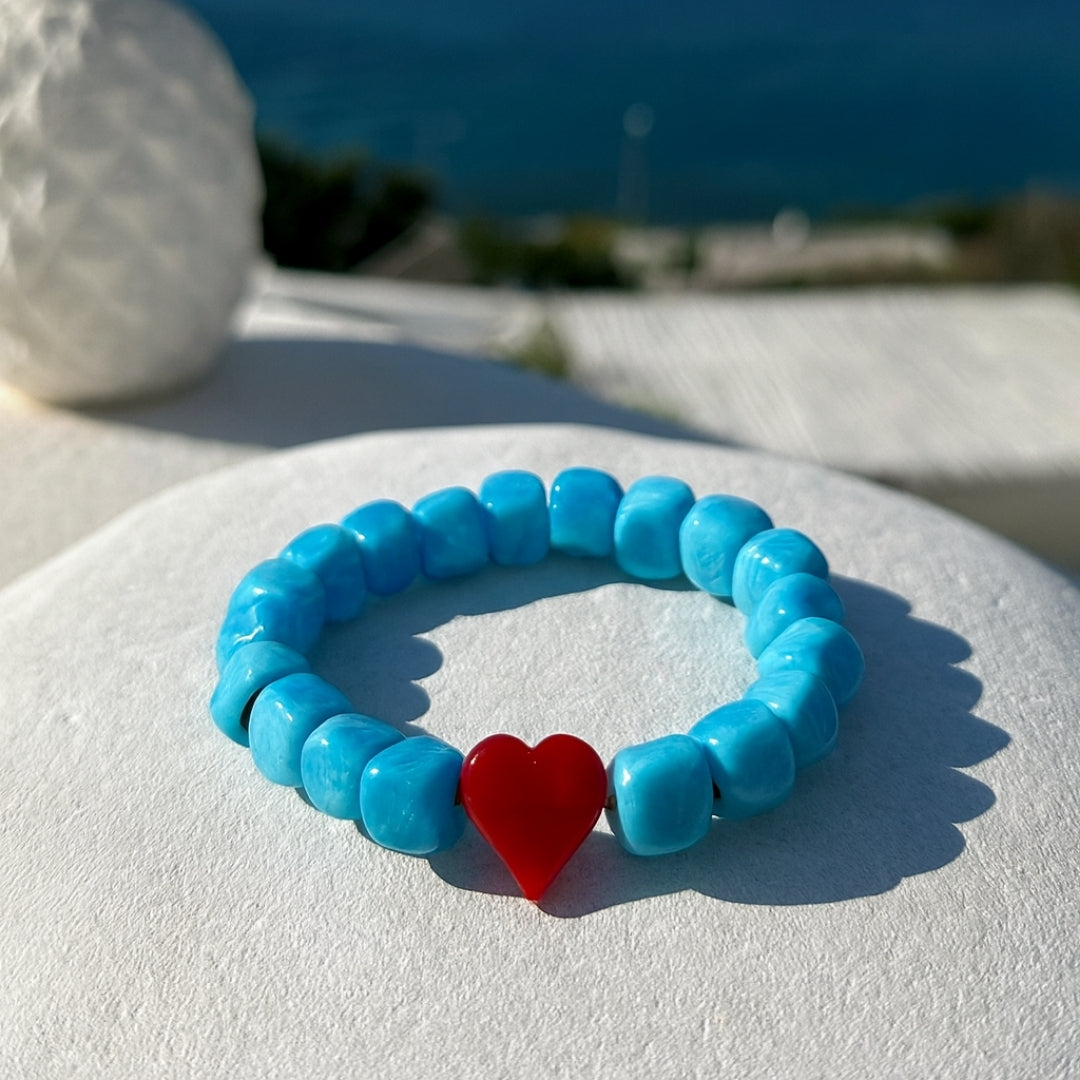 Heart of Sky Ceramic Love Bracelet Turquoise Ceramic Beads Red Heart Handmade Love Bracelet Symbolic Jewelry Meaningful Gift for Her