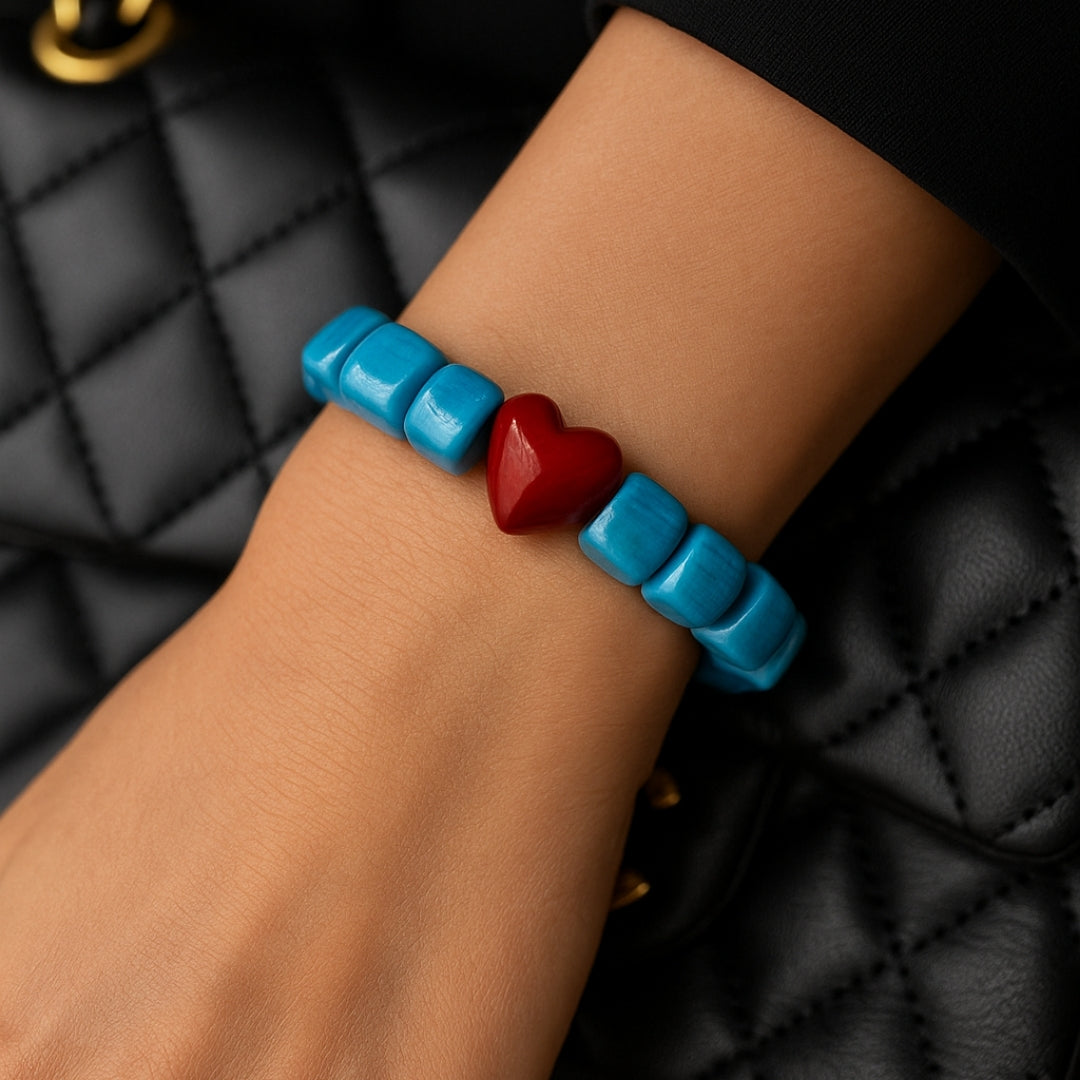 Heart of Sky Ceramic Love Bracelet Turquoise Ceramic Beads Red Heart Handmade Love Bracelet Symbolic Jewelry Meaningful Gift for Her