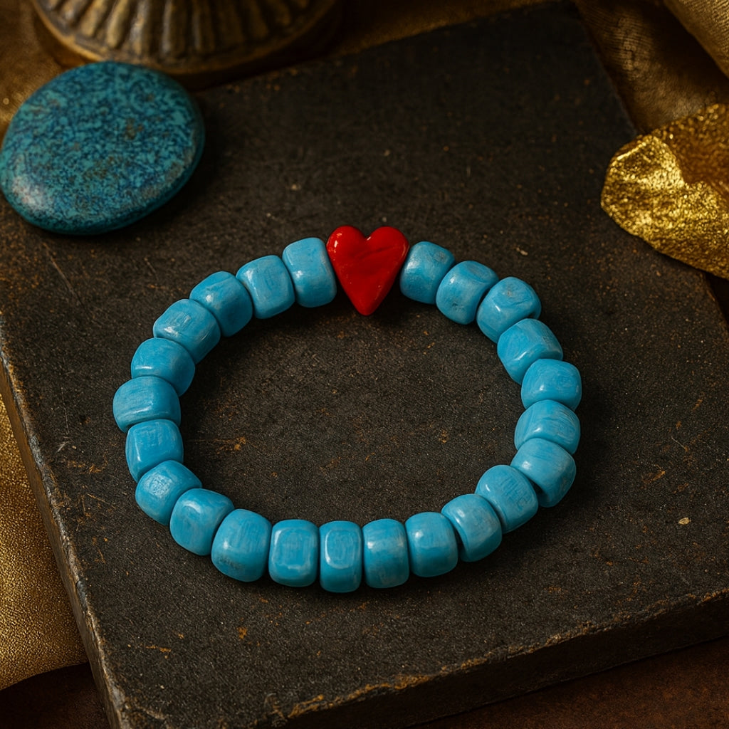 Heart of Sky Ceramic Love Bracelet Turquoise Ceramic Beads Red Heart Handmade Love Bracelet Symbolic Jewelry Meaningful Gift for Her