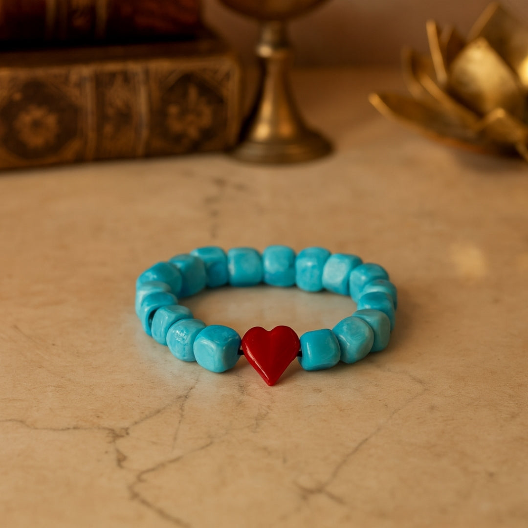 Heart of Sky Ceramic Love Bracelet Turquoise Ceramic Beads Red Heart Handmade Love Bracelet Symbolic Jewelry Meaningful Gift for Her