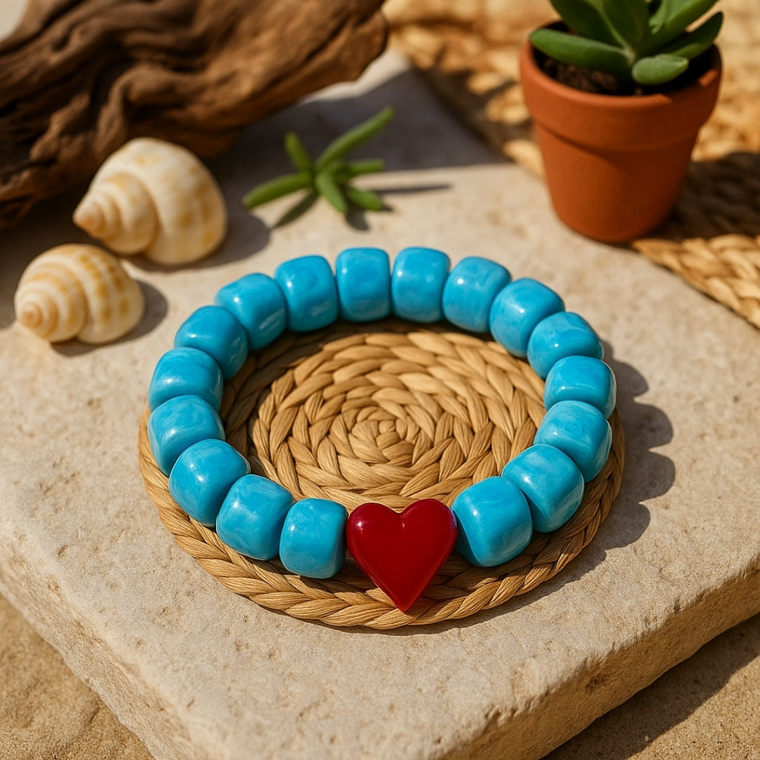 Heart of Sky Ceramic Love Bracelet Turquoise Ceramic Beads Red Heart Handmade Love Bracelet Symbolic Jewelry Meaningful Gift for Her