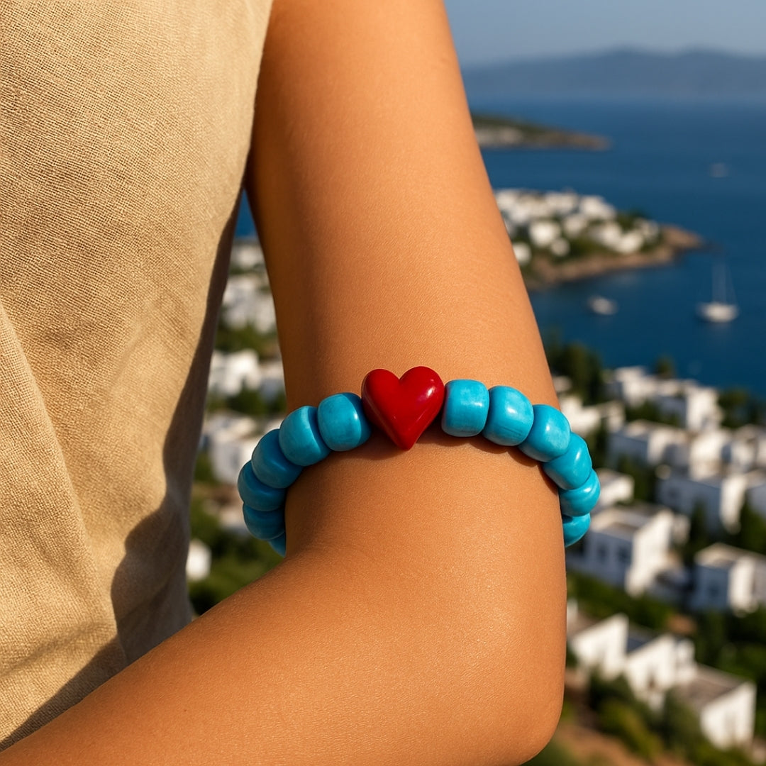 Heart of Sky Ceramic Love Bracelet Turquoise Ceramic Beads Red Heart Handmade Love Bracelet Symbolic Jewelry Meaningful Gift for Her