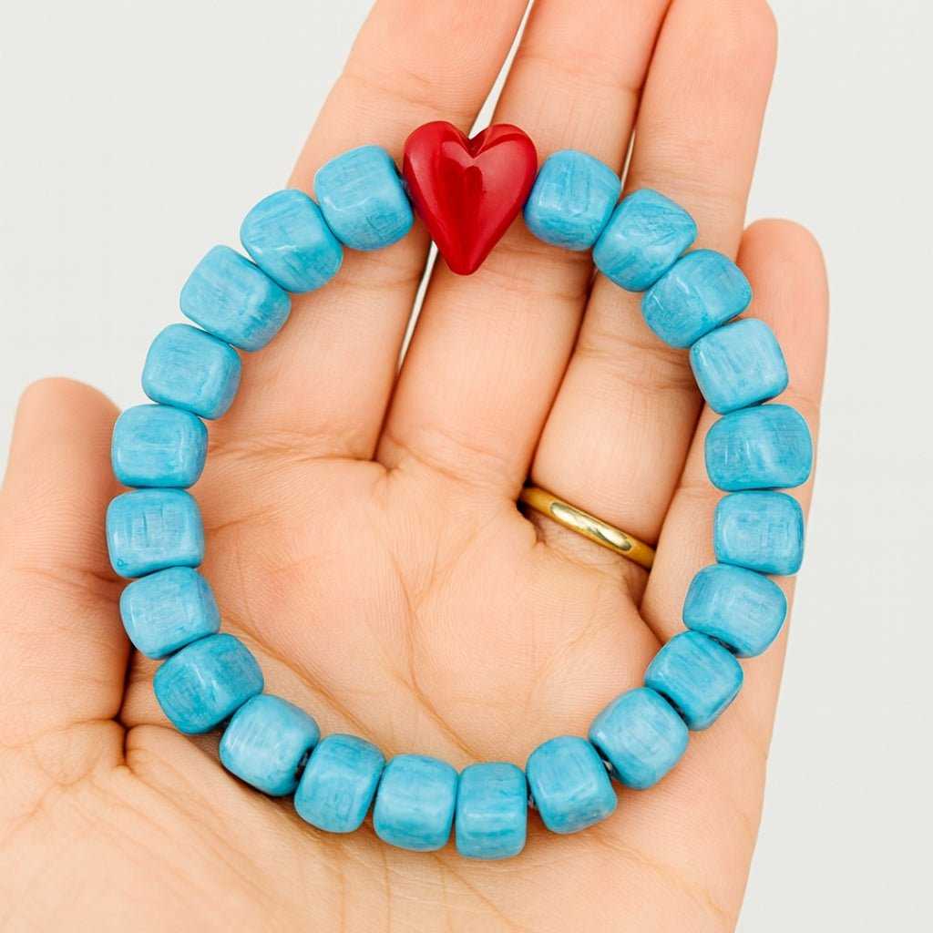 Heart of Sky Ceramic Love Bracelet Turquoise Ceramic Beads Red Heart Handmade Love Bracelet Symbolic Jewelry Meaningful Gift for Her